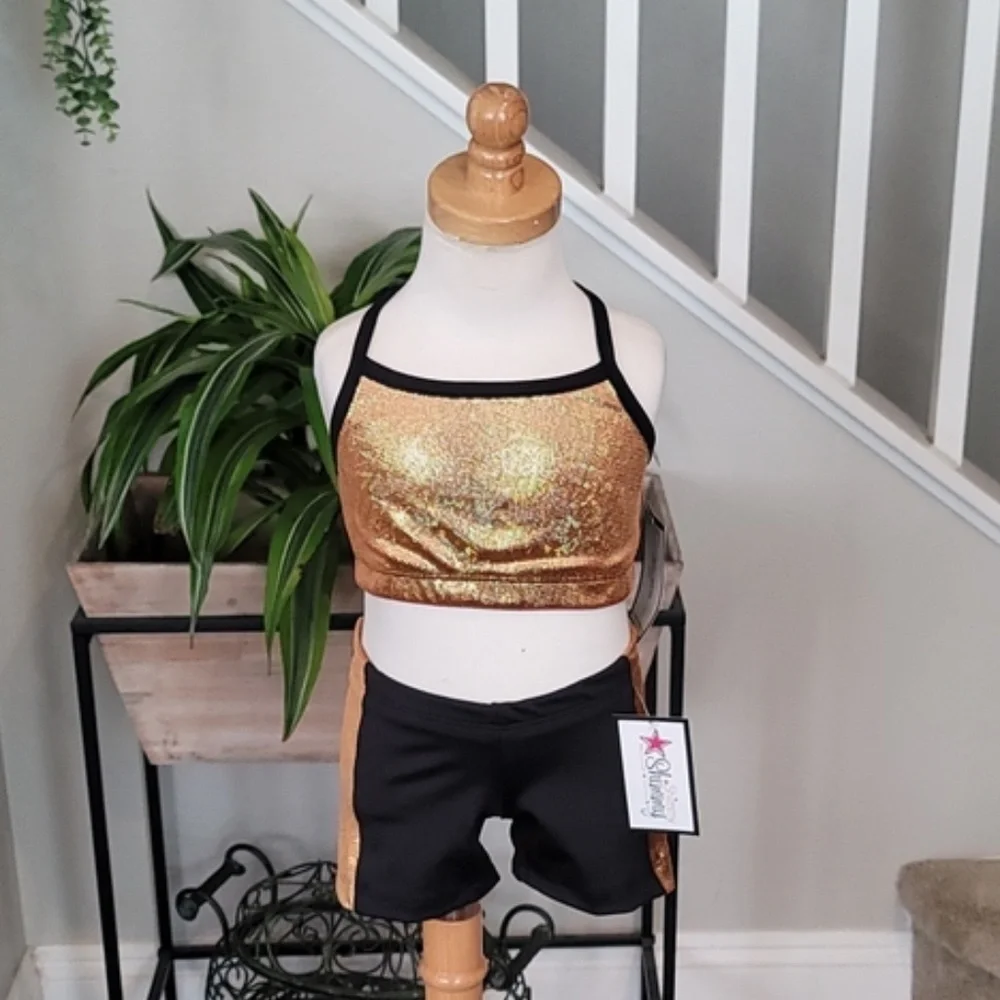 Shimmy Shimmy Inc Gold Hologram Dance crop top and short Set NWT Cheer Gym